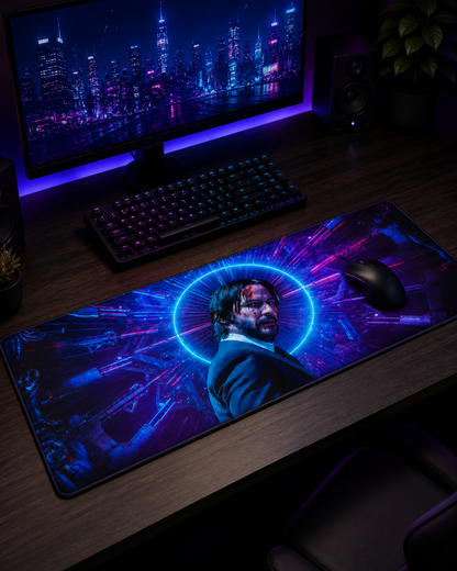 John Wick Neon Halo Mousepad – 80cm×33cm Extended Gaming Desk Mat