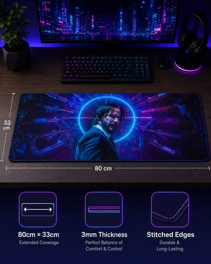 John Wick Neon Halo Mousepad – 80cm×33cm Extended Gaming Desk Mat