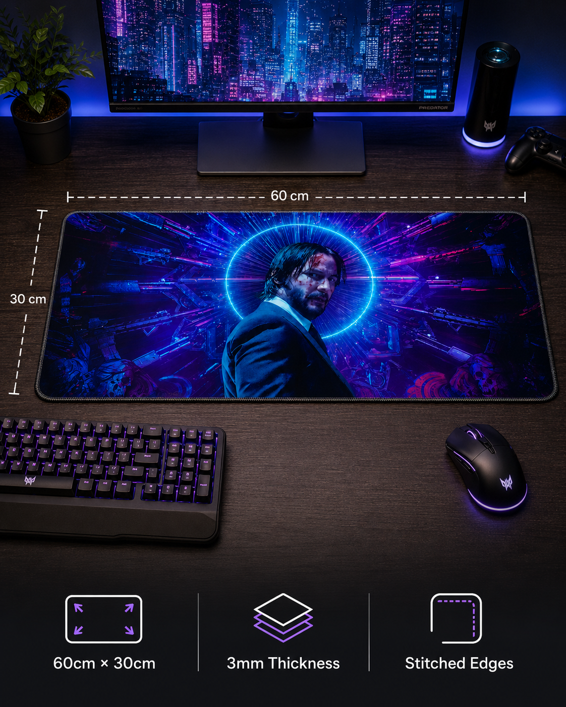 John Wick Neon Halo Mousepad – 60×30cm Extended Gaming Desk Mat