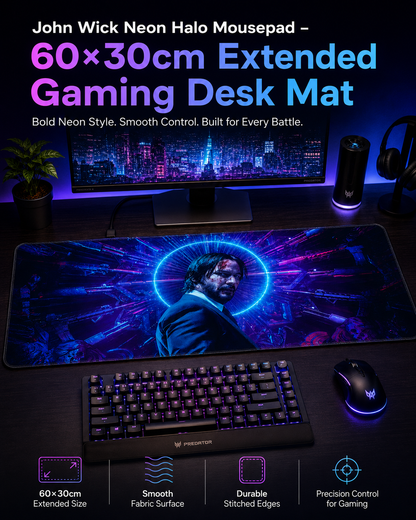 John Wick Neon Halo Mousepad – 60×30cm Extended Gaming Desk Mat