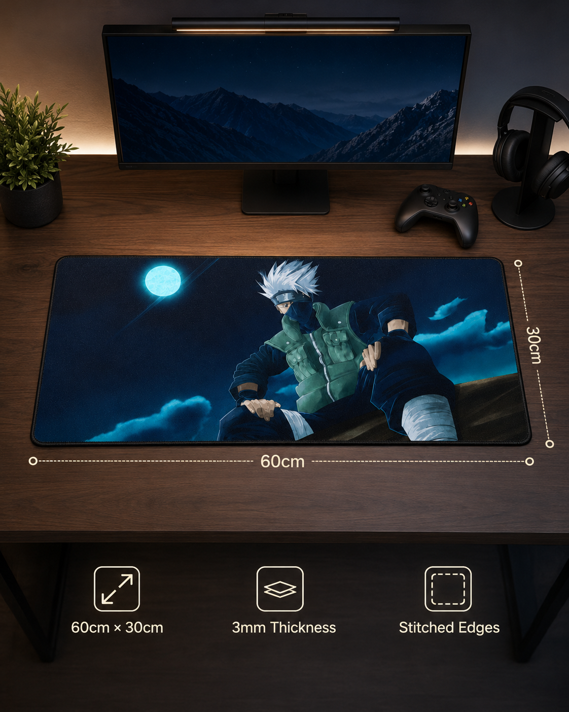 Moonlit Shadow Ninja Anime Mousepad – 60×30cm Extended Gaming Desk Mat