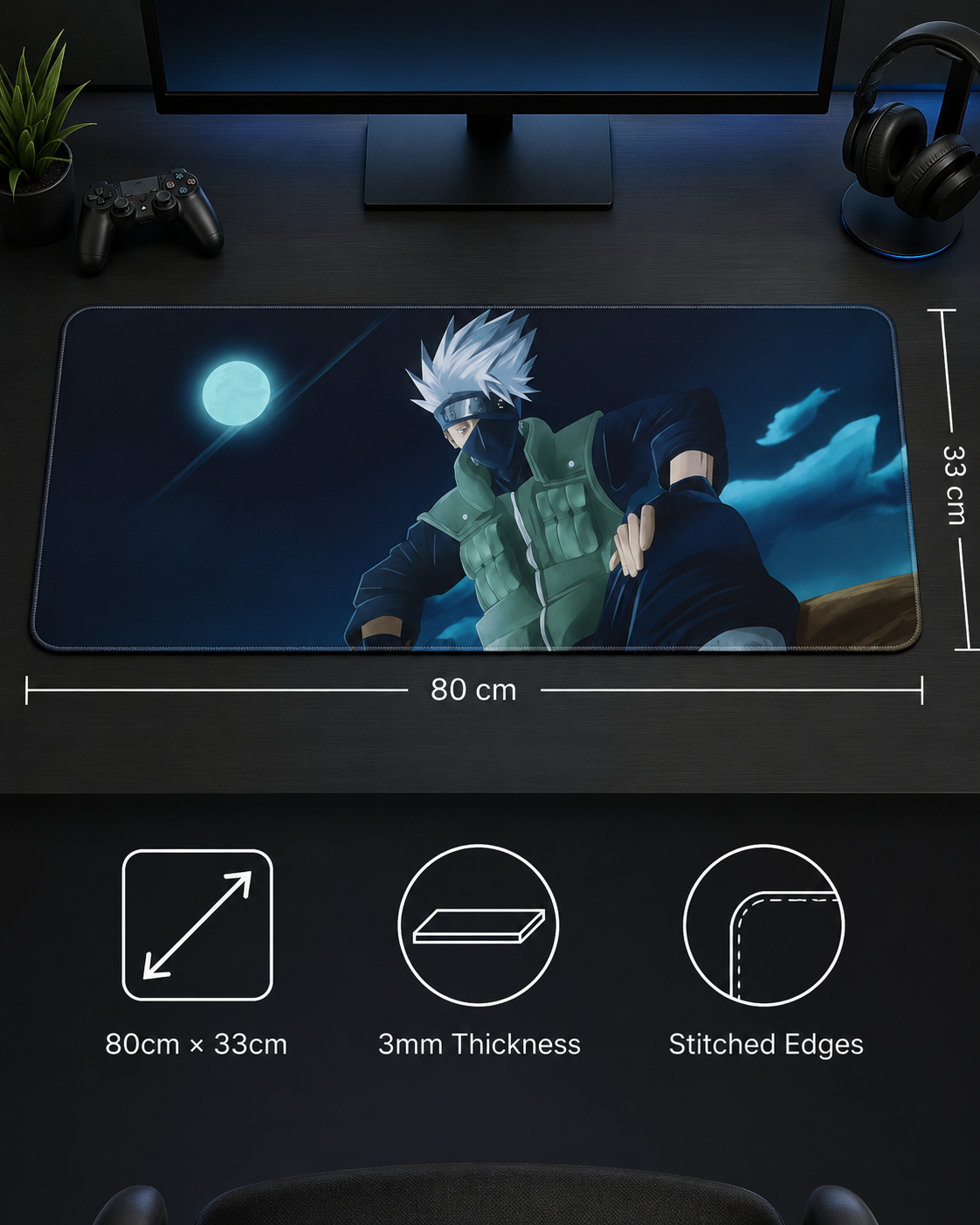 Moonlit Shadow Ninja Anime Mousepad – 80×33cm Extended Gaming Desk Mat